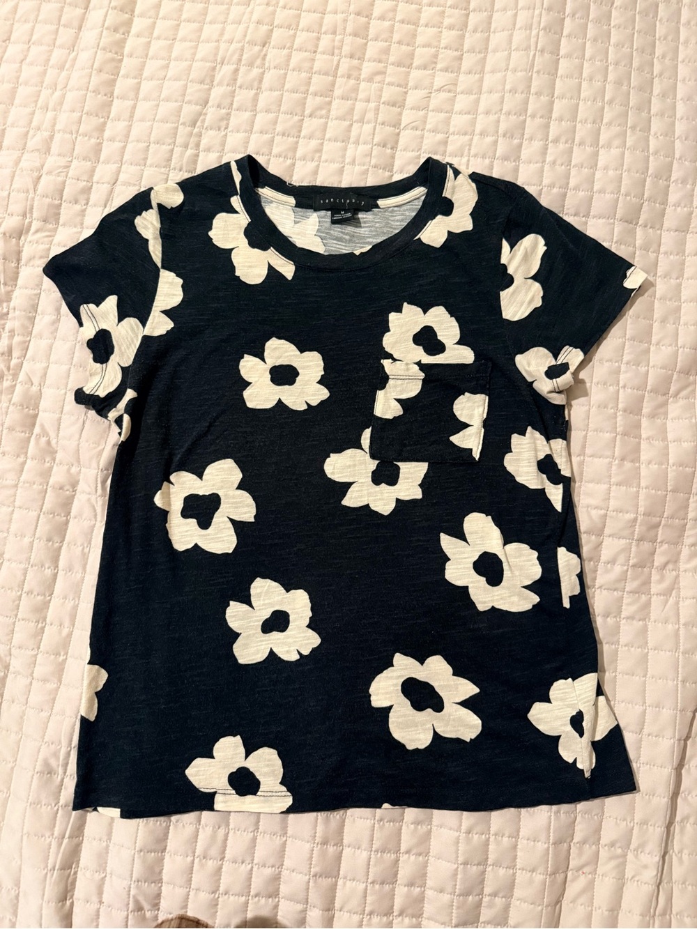 Sanctuary Black Tee with Cream Floral Print and Pocket